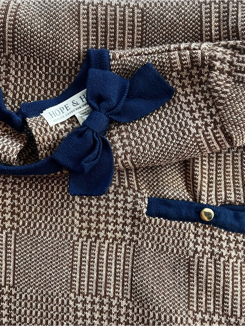 Hope & Henry Organic Cotton Bow Sweater Dress Girls 8 Brown Navy Plaid GOTS